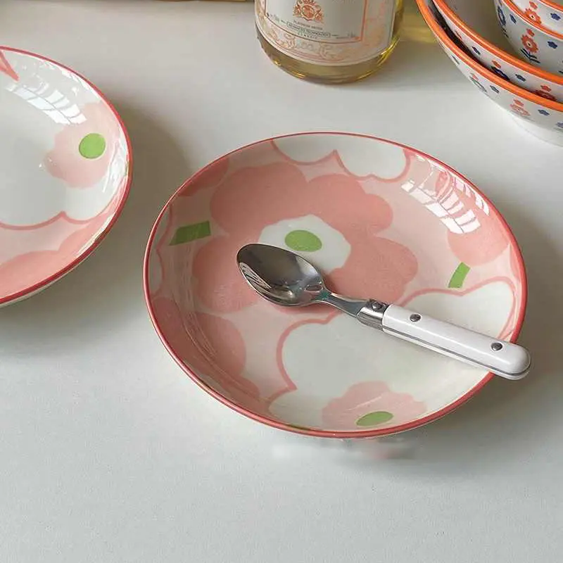 Underglaze Ceramic Vegetable Plate Pink Cake Dessert Disc Household Steak Spaghetti Plates Breakfast Dish