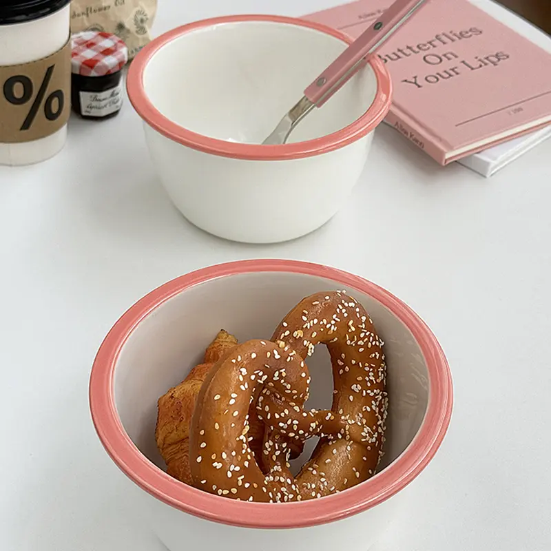 Korean Style Pink Rimmed Ceramic Bowls Cute High Temperature Resistant Ramen Soup Rice Bowl Breakfast Yoghurt Oatmeal Bowl
