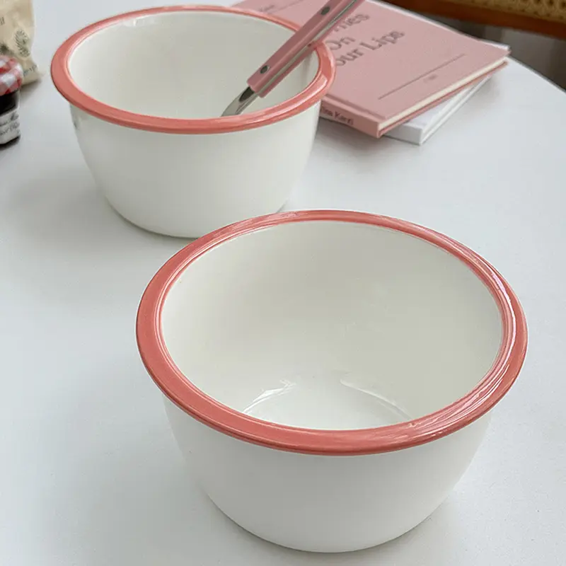 Korean Style Pink Rimmed Ceramic Bowls Cute High Temperature Resistant Ramen Soup Rice Bowl Breakfast Yoghurt Oatmeal Bowl