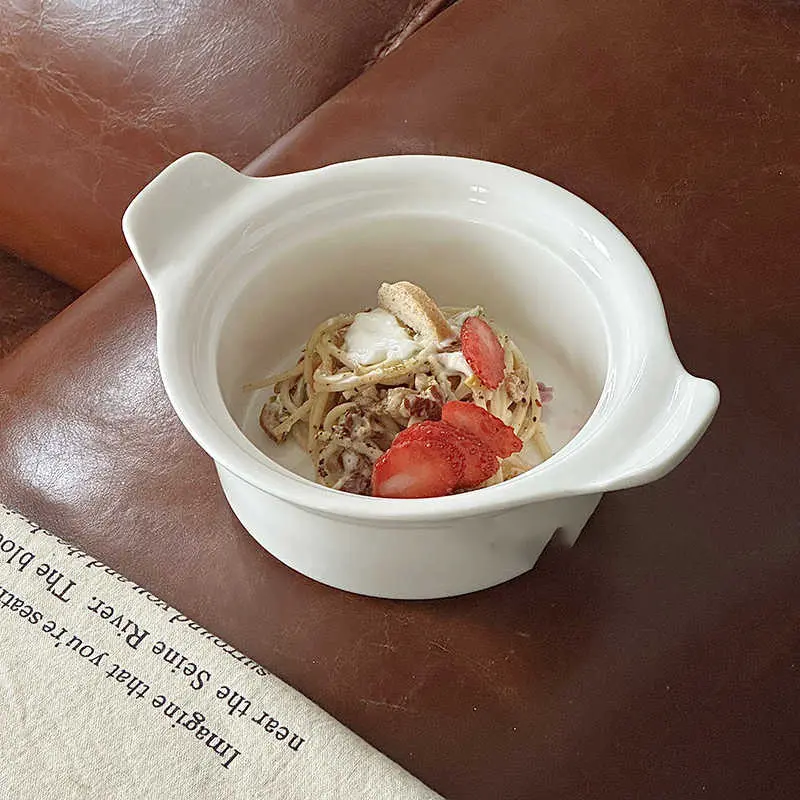 White Binaural Ceramic Salad Yoghurt Fruit Bowl Household Solid Colour Soup Bowls Breakfast Oatmeal Bowl Baking Bowls
