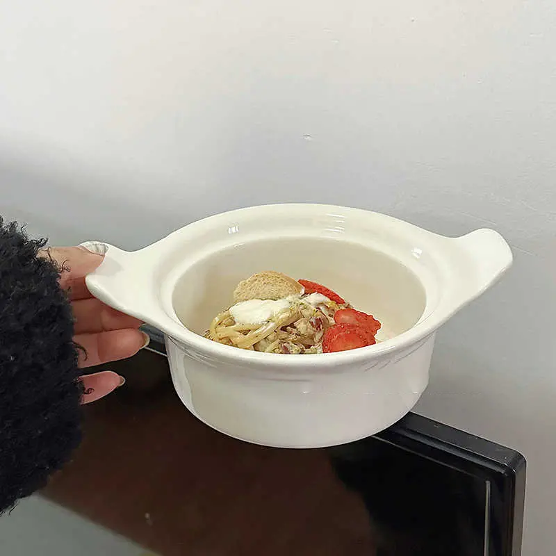 White Binaural Ceramic Salad Yoghurt Fruit Bowl Household Solid Colour Soup Bowls Breakfast Oatmeal Bowl Baking Bowls