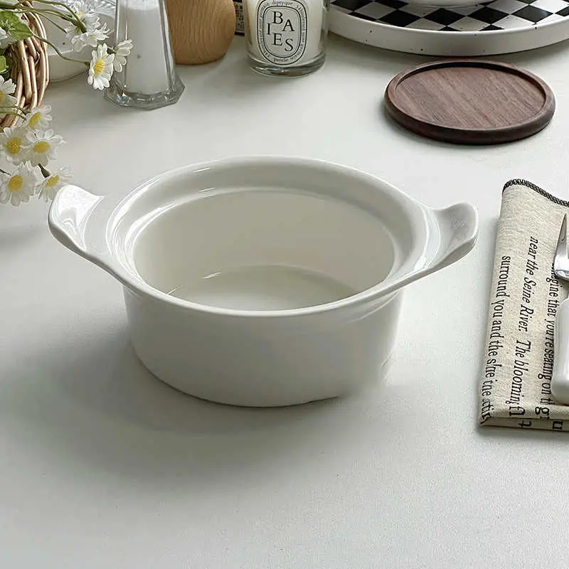 White Binaural Ceramic Salad Yoghurt Fruit Bowl Household Solid Colour Soup Bowls Breakfast Oatmeal Bowl Baking Bowls