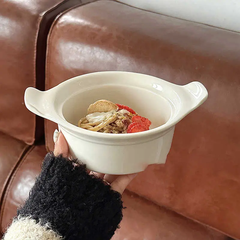 White Binaural Ceramic Salad Yoghurt Fruit Bowl Household Solid Colour Soup Bowls Breakfast Oatmeal Bowl Baking Bowls