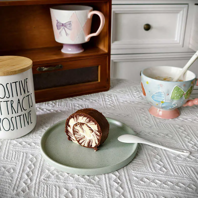 18cm Sesame Glazed Ceramic Dessert Plate Green Household Western Flat Plates Simple Salad Dish Tableware