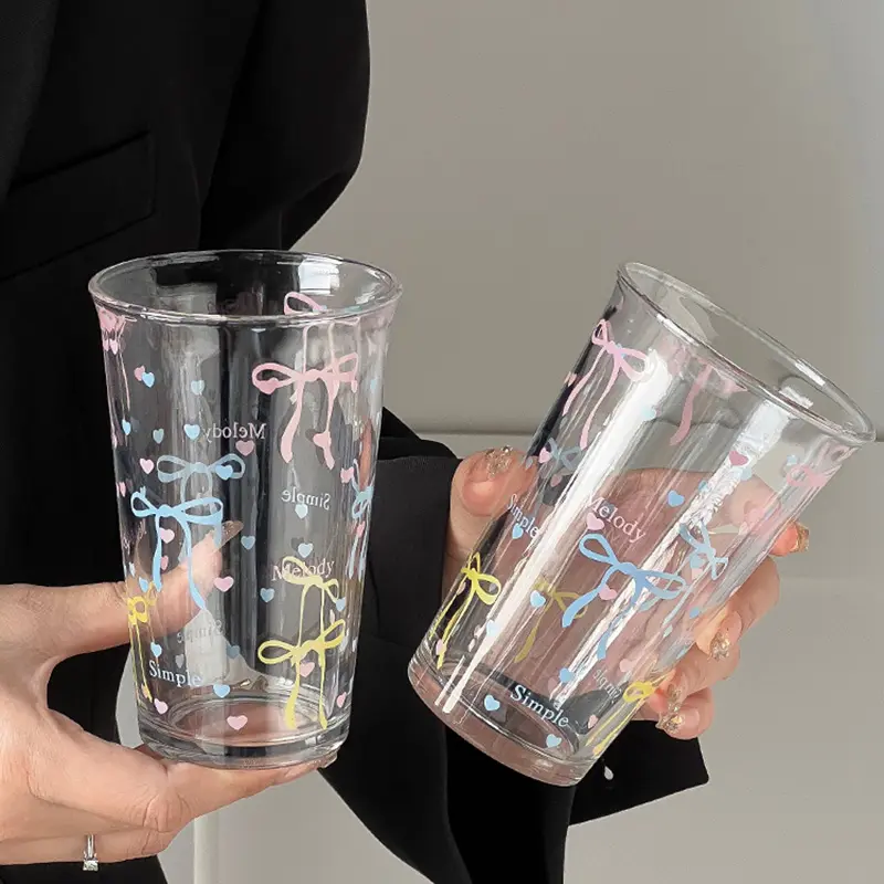Cute Bow Letter Printed Transparent Glass Mug 380ml Milk Coffee Cup Household Simple Drinkware Gift