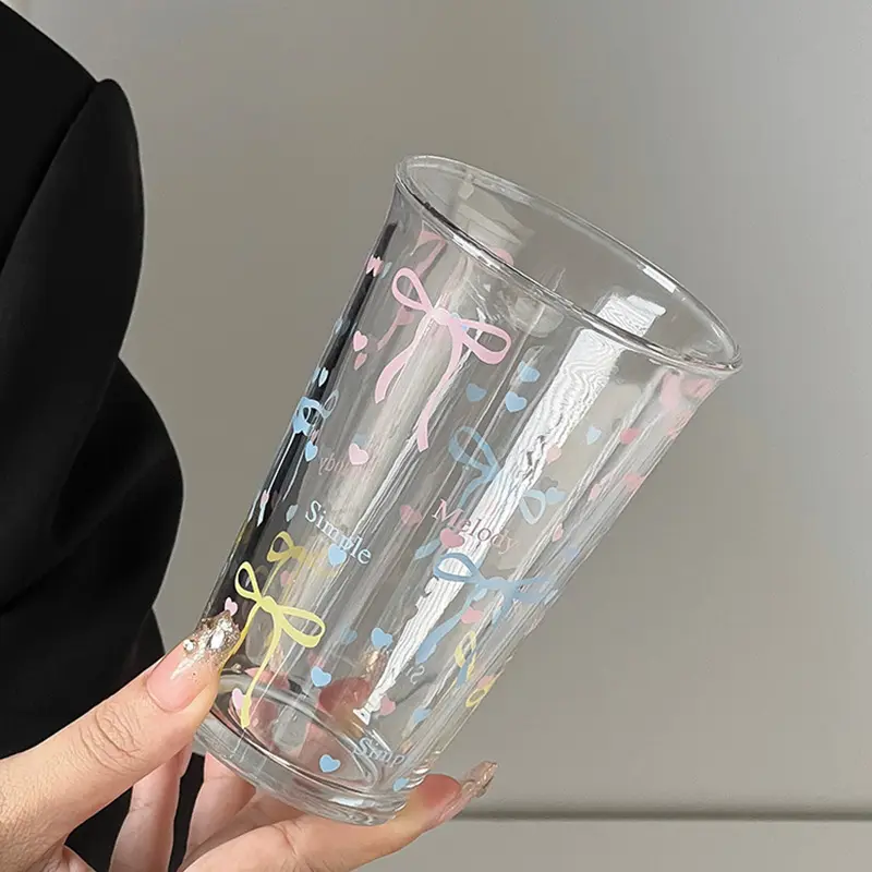 Cute Bow Letter Printed Transparent Glass Mug 380ml Milk Coffee Cup Household Simple Drinkware Gift