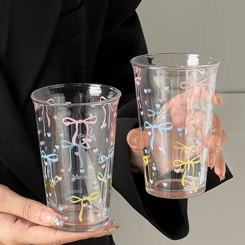 Cute Bow Letter Printed Transparent Glass Mug 380ml Milk Coffee Cup Household Simple Drinkware Gift