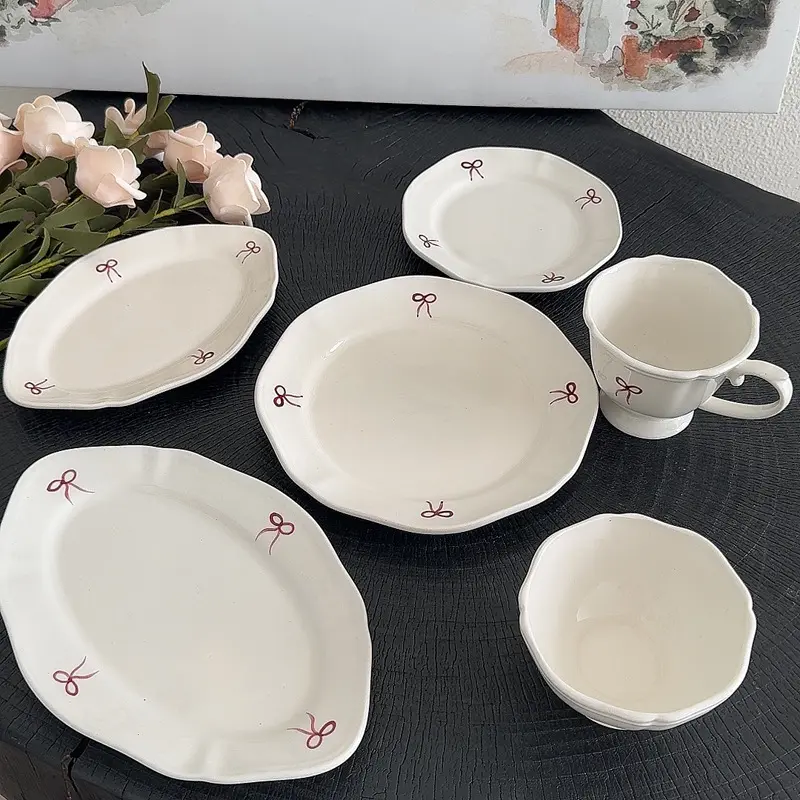 Bow Decorative Ceramic Tableware Afternoon Tea Supplies Gift Simple Dessert Plate Oval dishes Coffee Cup Rice Bowl