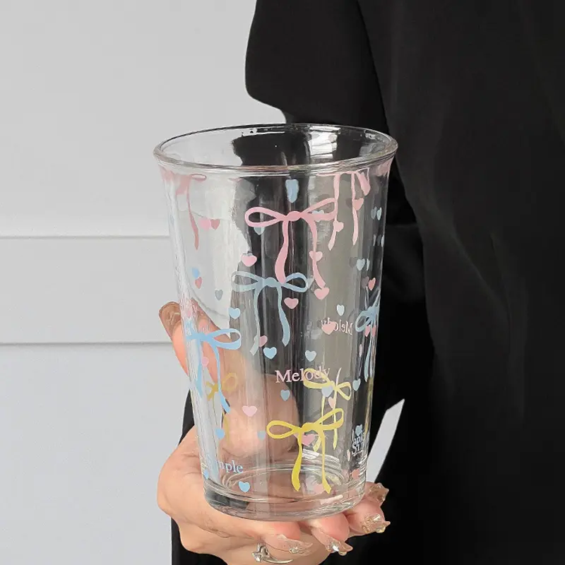 Cute Bow Letter Printed Transparent Glass Mug 380ml Milk Coffee Cup Household Simple Drinkware Gift