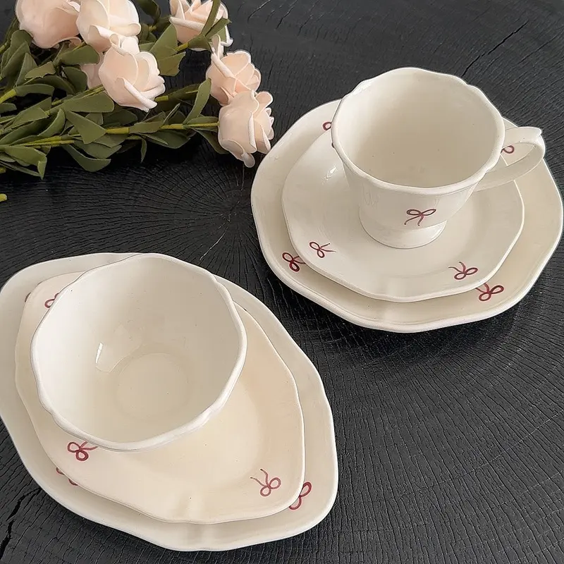 Bow Decorative Ceramic Tableware Afternoon Tea Supplies Gift Simple Dessert Plate Oval dishes Coffee Cup Rice Bowl