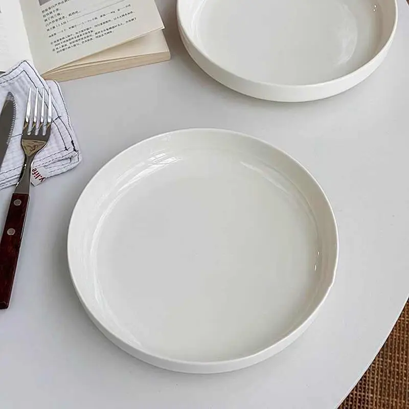 Solid Colour Ceramic Round Plate Simple Western Steak Plate White Cake Dish Household Dinner Tray Tableware 20.5cm