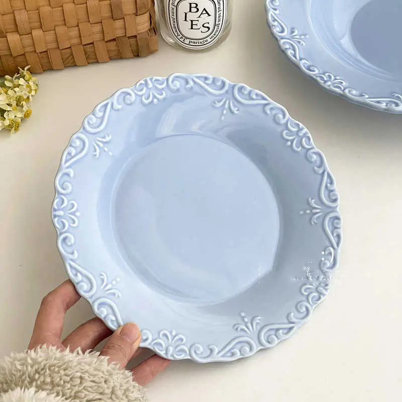 Blue Embossed Ceramic Dessert Plate Retro Creative Household Breakfast Disc Exquisite Afternoon Tea Cake Dish Tableware