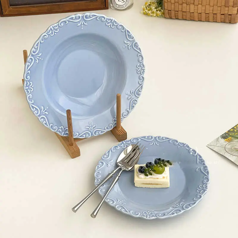 Blue Embossed Ceramic Dessert Plate Retro Creative Household Breakfast Disc Exquisite Afternoon Tea Cake Dish Tableware