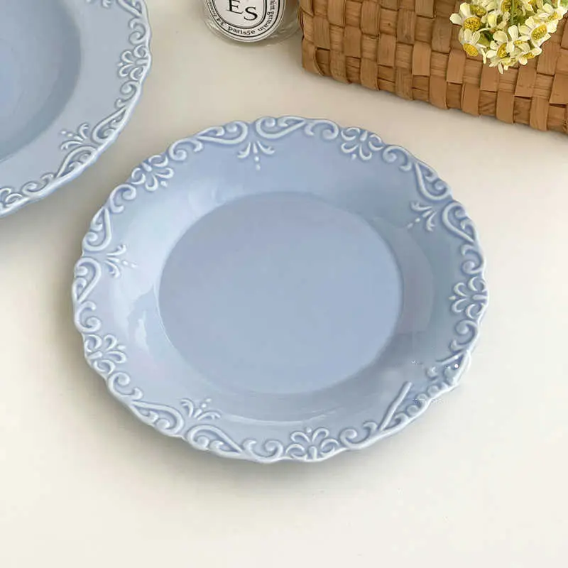 Blue Embossed Ceramic Dessert Plate Retro Creative Household Breakfast Disc Exquisite Afternoon Tea Cake Dish Tableware