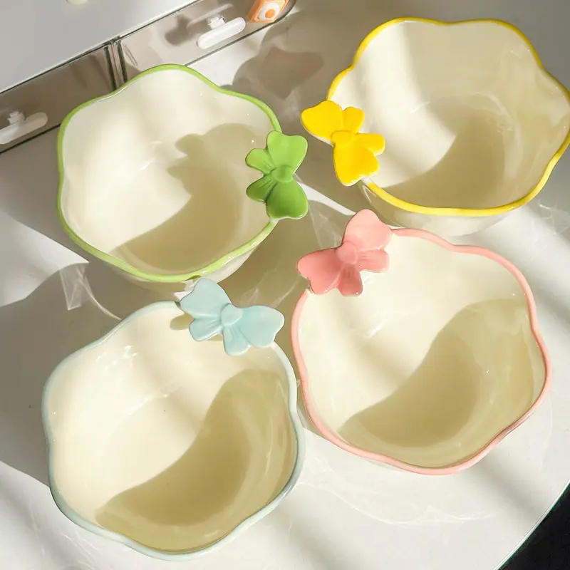 Cute Bow Relief Ceramic Rice Bowl Breakfast Yoghurt Oatmeal Bowls Under Glazed Fruit Salad Bowl Kitchen Tableware