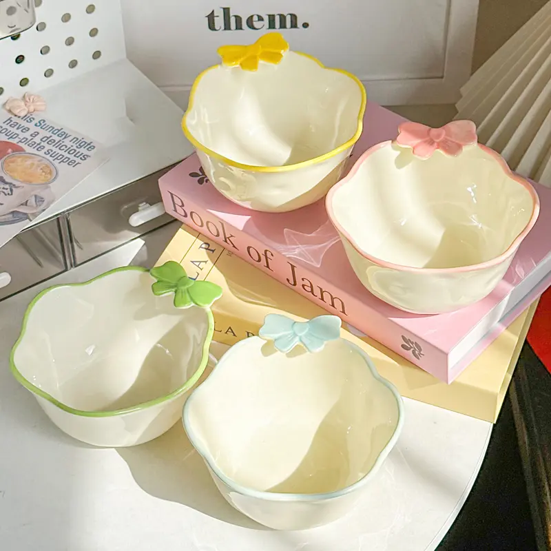 Cute Bow Relief Ceramic Rice Bowl Breakfast Yoghurt Oatmeal Bowls Under Glazed Fruit Salad Bowl Kitchen Tableware