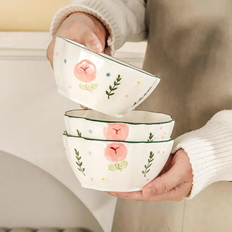 Ceramic Relief Printing Bowl Household Breakfast Porridge Bowls Delicate Fruit Yogurt Salad Bowl Ramen Bowls