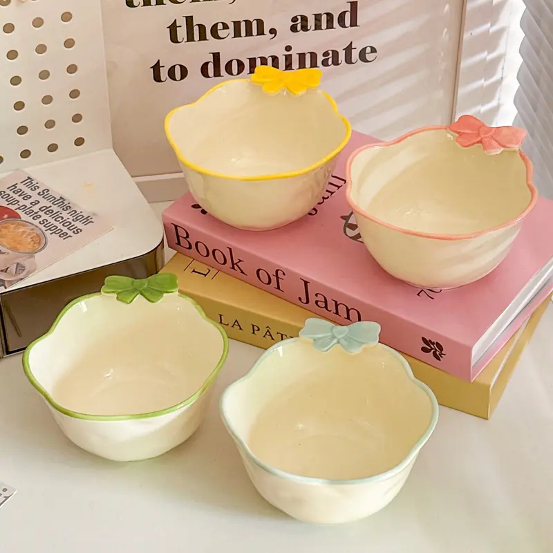 Cute Bow Relief Ceramic Rice Bowl Breakfast Yoghurt Oatmeal Bowls Under Glazed Fruit Salad Bowl Kitchen Tableware