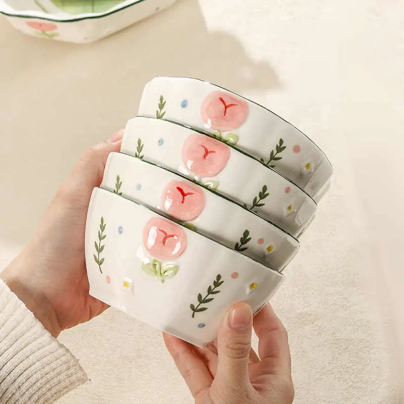 Ceramic Relief Printing Bowl Household Breakfast Porridge Bowls Delicate Fruit Yogurt Salad Bowl Ramen Bowls