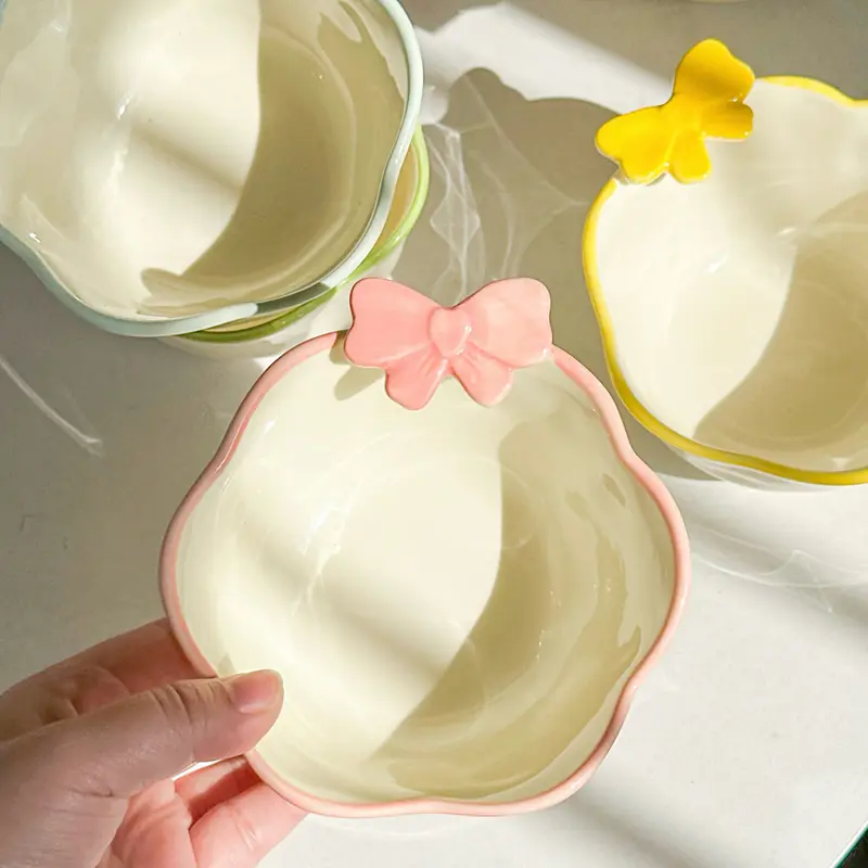 Cute Bow Relief Ceramic Rice Bowl Breakfast Yoghurt Oatmeal Bowls Under Glazed Fruit Salad Bowl Kitchen Tableware