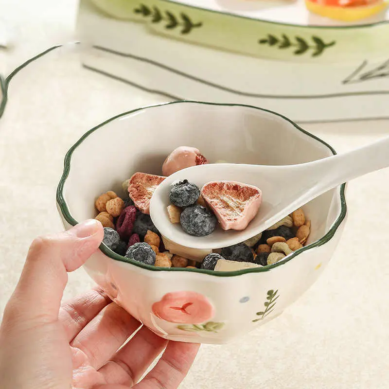 Ceramic Relief Printing Bowl Household Breakfast Porridge Bowls Delicate Fruit Yogurt Salad Bowl Ramen Bowls