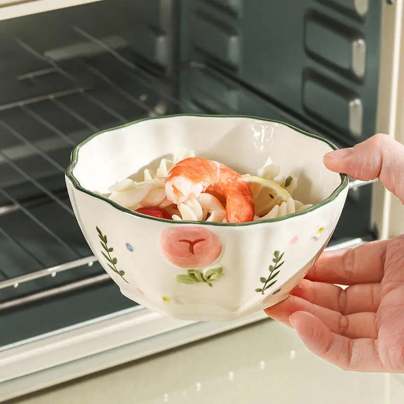 Ceramic Relief Printing Bowl Household Breakfast Porridge Bowls Delicate Fruit Yogurt Salad Bowl Ramen Bowls