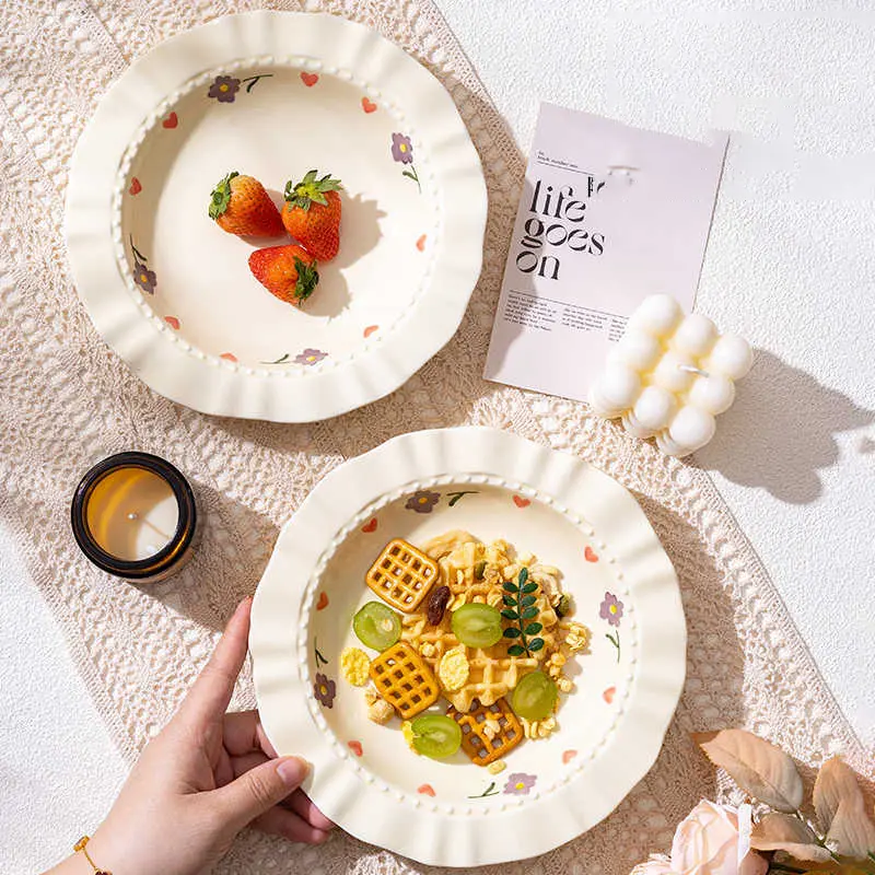 Ceramic Straw Hat Plate French Print Spaghetti Plates Household Soup Tray Western Steak Dish Exquisite Tableware 21.5cm