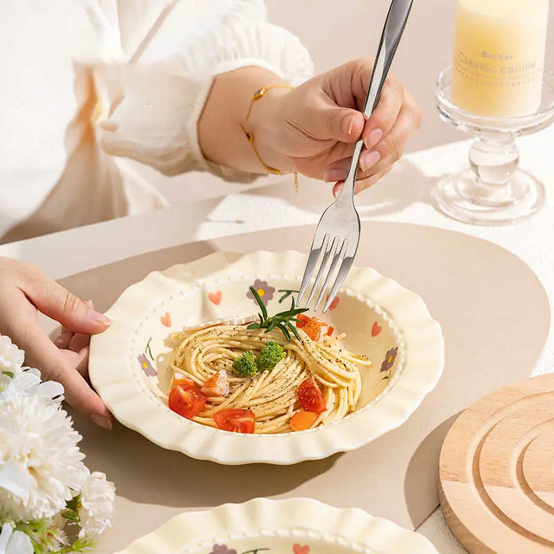 Ceramic Straw Hat Plate French Print Spaghetti Plates Household Soup Tray Western Steak Dish Exquisite Tableware 21.5cm