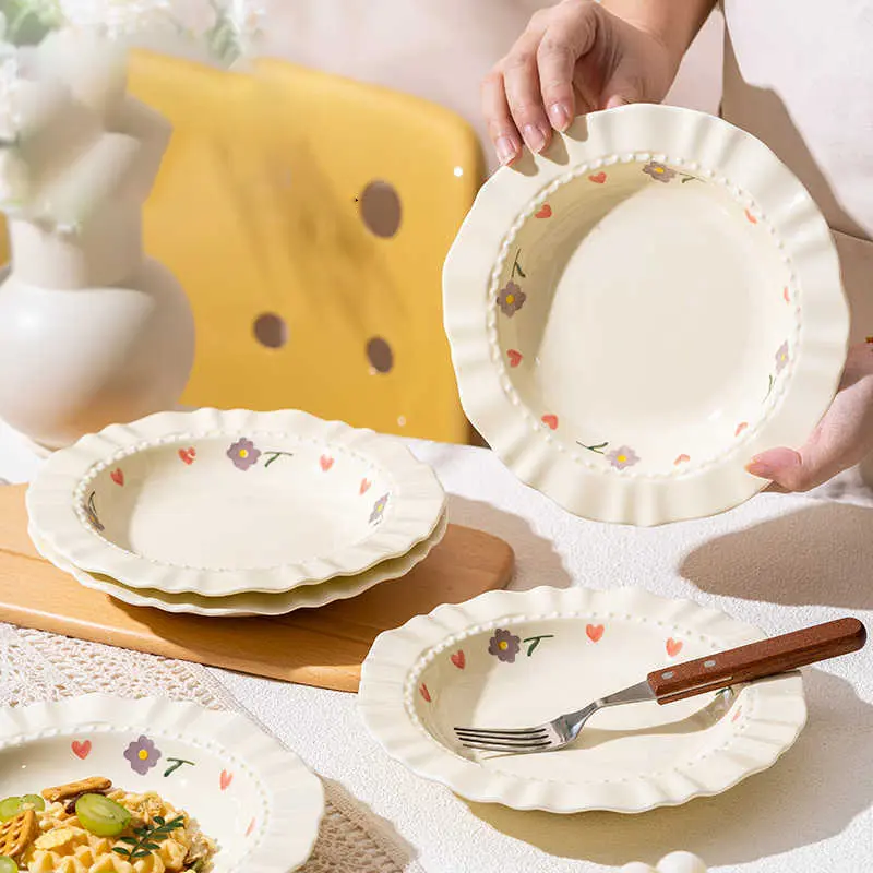 Ceramic Straw Hat Plate French Print Spaghetti Plates Household Soup Tray Western Steak Dish Exquisite Tableware 21.5cm