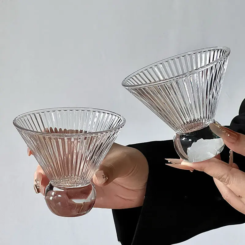 French Style Striped Design Glass Cups Retro Iced American Coffee Cup High Grade Ice Cream Cold Drinking Cup Glassware