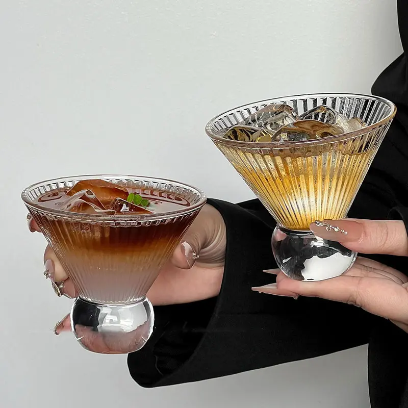 French Style Striped Design Glass Cups Retro Iced American Coffee Cup High Grade Ice Cream Cold Drinking Cup Glassware
