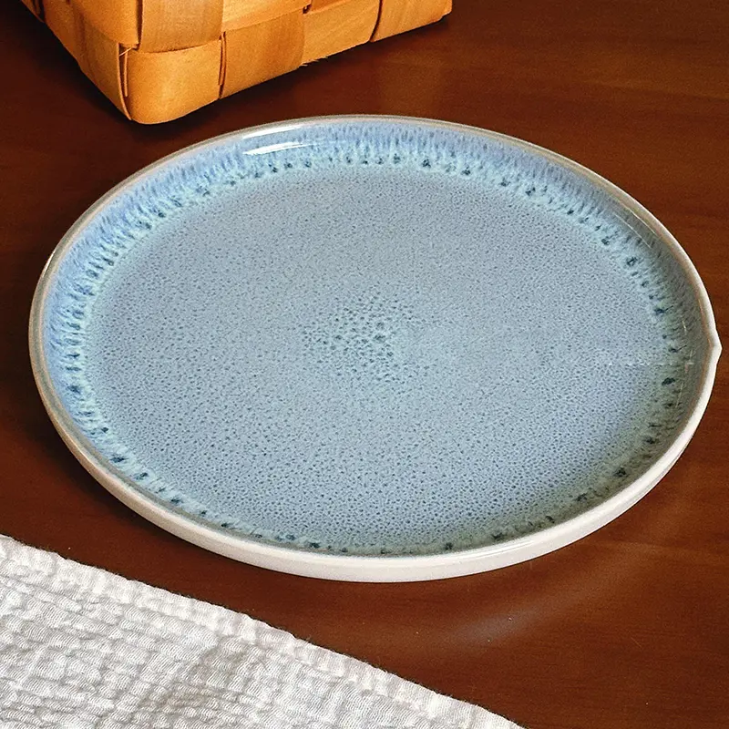 Vintage Kiln Glaze Round Plate Ceramic Western Restaurant Steak Plates Blue Household Simple Breakfast Pastry Dish Tableware