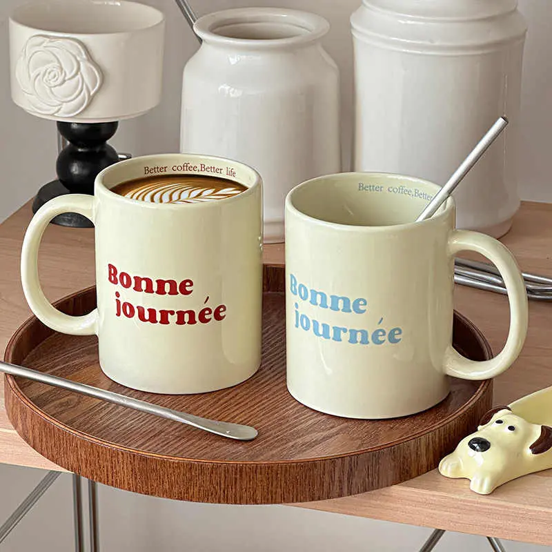 French Letter Printed Ceramic Mug 370ml Coffee Cup Household Milk Oatmeal Mug Simple Office Drinkware Gift
