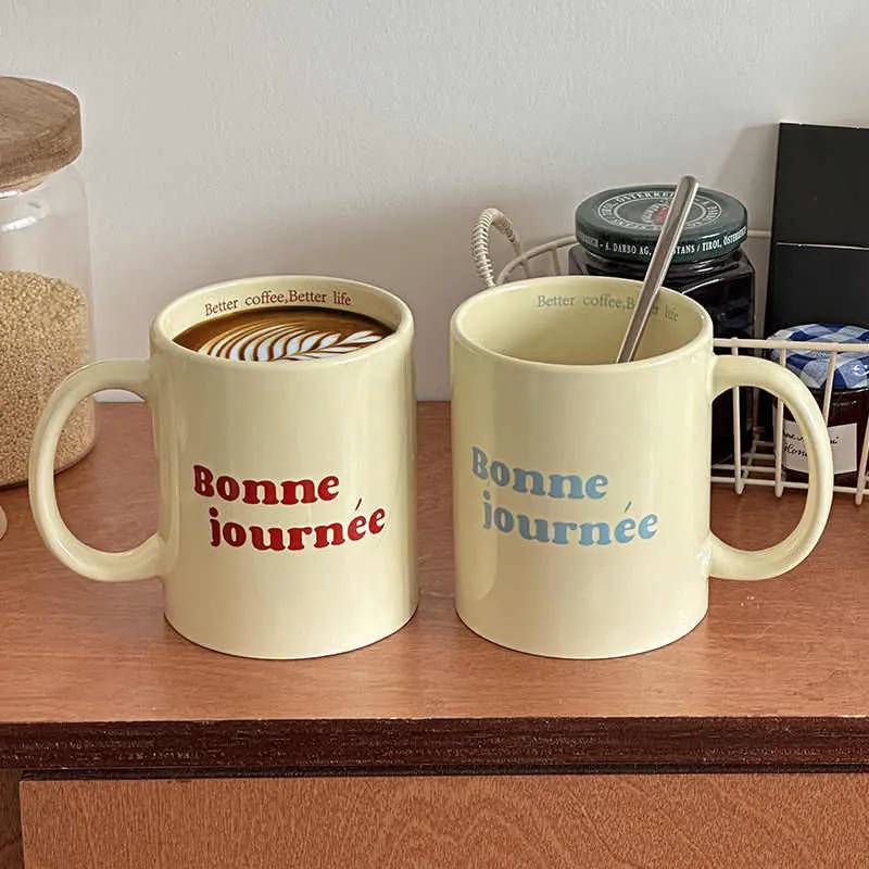 French Letter Printed Ceramic Mug 370ml Coffee Cup Household Milk Oatmeal Mug Simple Office Drinkware Gift