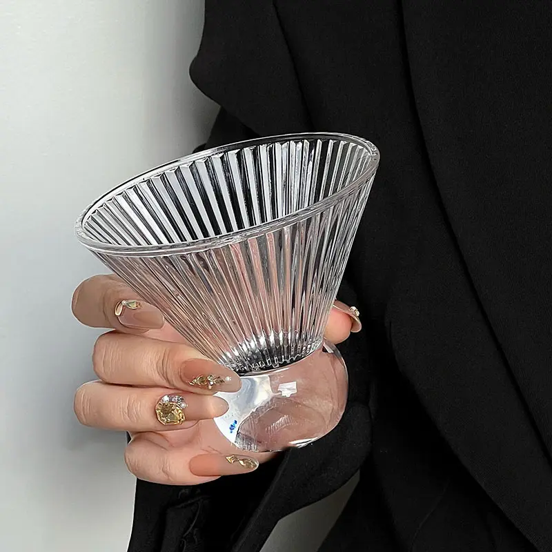 French Style Striped Design Glass Cups Retro Iced American Coffee Cup High Grade Ice Cream Cold Drinking Cup Glassware