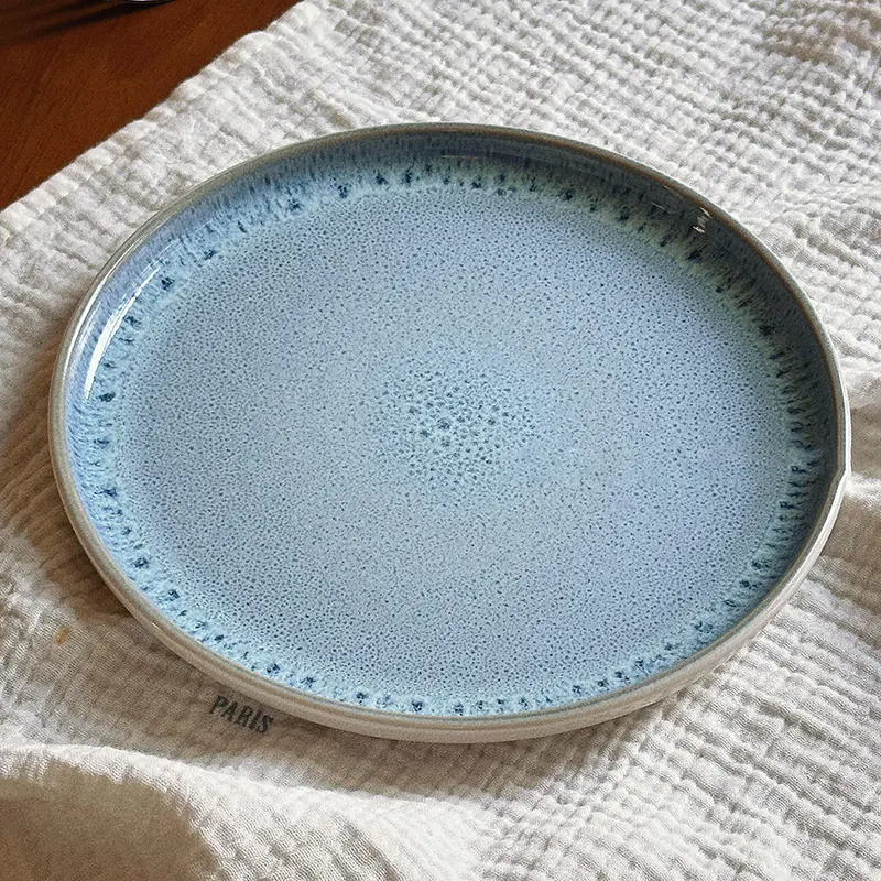 Vintage Kiln Glaze Round Plate Ceramic Western Restaurant Steak Plates Blue Household Simple Breakfast Pastry Dish Tableware