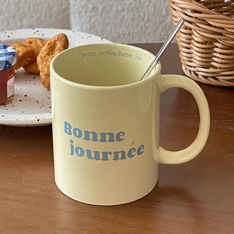 French Letter Printed Ceramic Mug 370ml Coffee Cup Household Milk Oatmeal Mug Simple Office Drinkware Gift