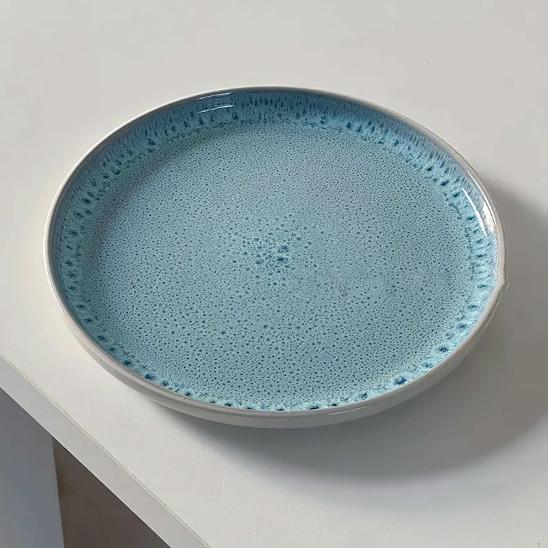 Vintage Kiln Glaze Round Plate Ceramic Western Restaurant Steak Plates Blue Household Simple Breakfast Pastry Dish Tableware
