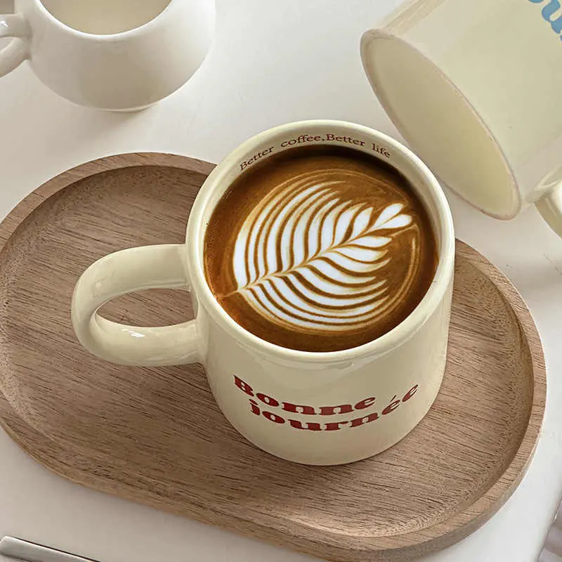 French Letter Printed Ceramic Mug 370ml Coffee Cup Household Milk Oatmeal Mug Simple Office Drinkware Gift