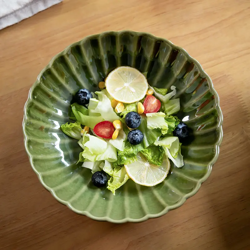 Japanese Retro Green Deep Dish Ceramic Tableware Household Fruit Salad Tray Solid Colour Kitchen Dinner Plate