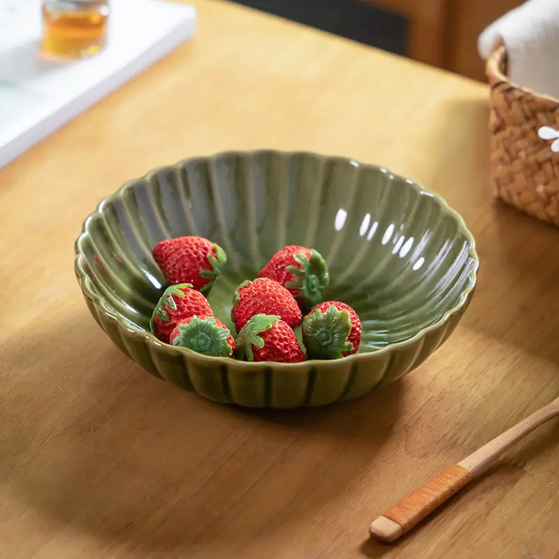 Japanese Retro Green Deep Dish Ceramic Tableware Household Fruit Salad Tray Solid Colour Kitchen Dinner Plate