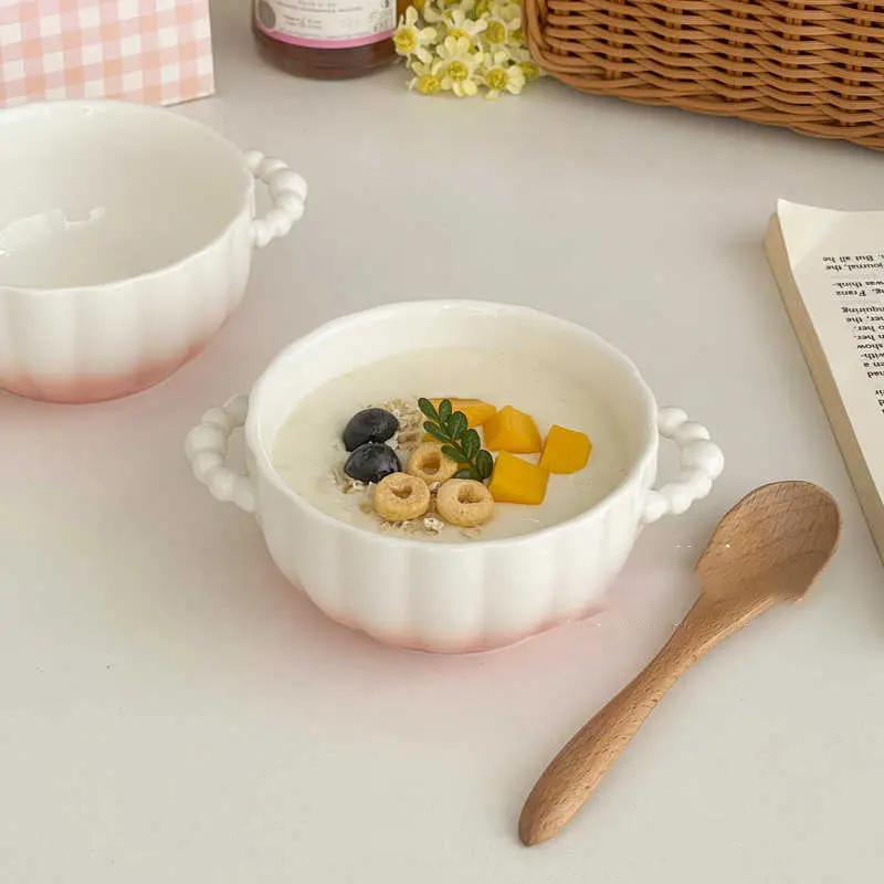 Gradient Pink Ceramic Binaural Bowl Exquisite Dessert Bowls Household 300ml Fruit Salad Oat Yogurt Bowls Tableware