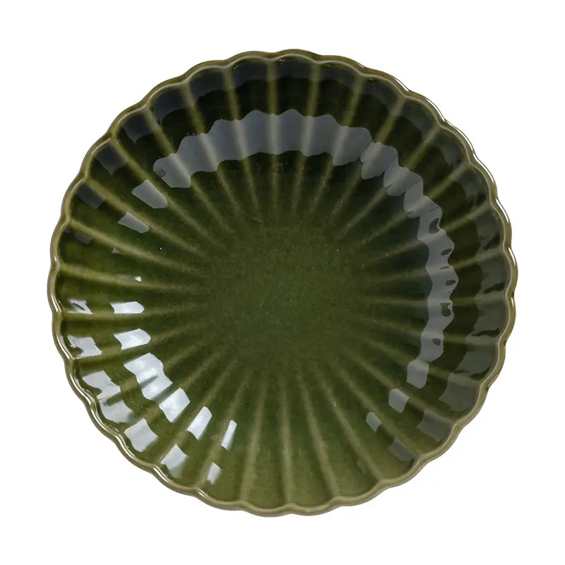 Japanese Retro Green Deep Dish Ceramic Tableware Household Fruit Salad Tray Solid Colour Kitchen Dinner Plate