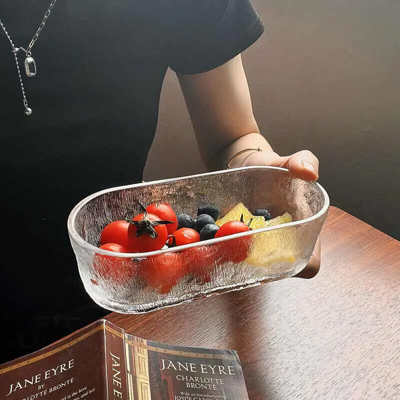 Simple Glass Bowl Fruit Plate Snack Plates Transparent Oval Yoghurt Salad Tray Household Tableware Supplies