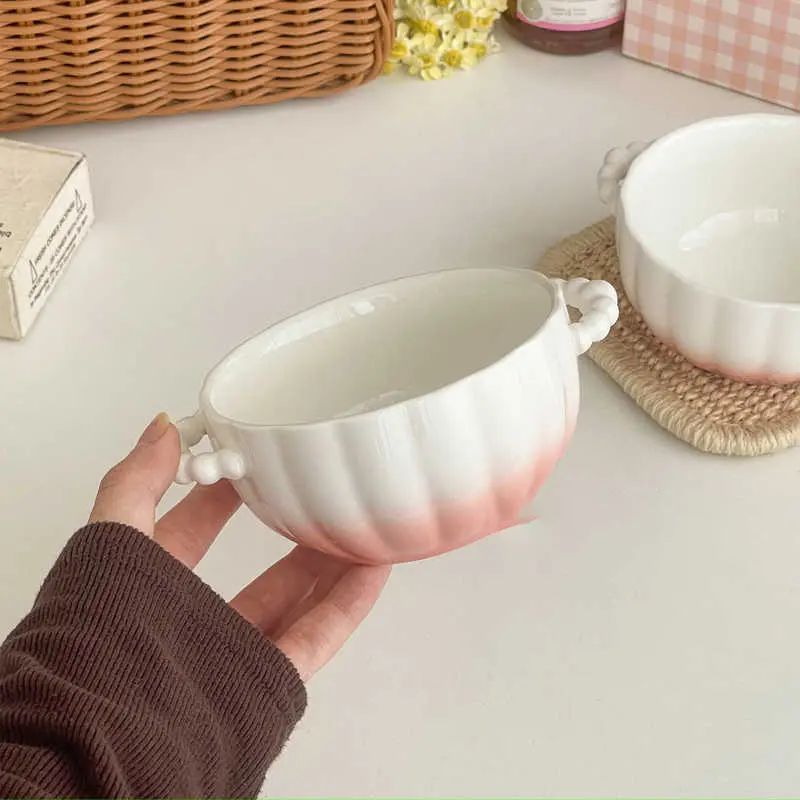 Gradient Pink Ceramic Binaural Bowl Exquisite Dessert Bowls Household 300ml Fruit Salad Oat Yogurt Bowls Tableware