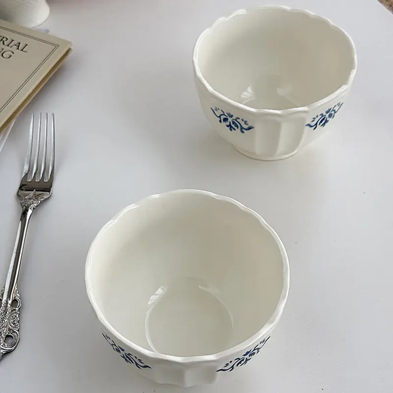 French-style Simple Retro Lace Bowls Home Use Under Glazed Color Ramen Rice Bowl Exquisite Light Luxury Embossed Edge Soup Bowls