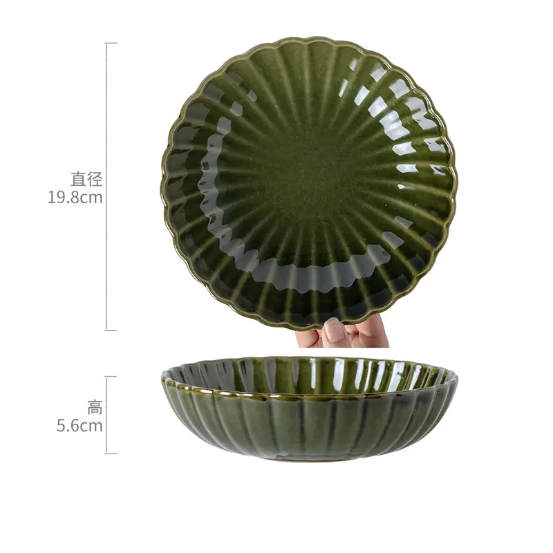 Japanese Retro Green Deep Dish Ceramic Tableware Household Fruit Salad Tray Solid Colour Kitchen Dinner Plate