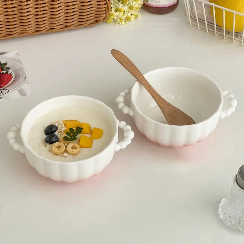 Gradient Pink Ceramic Binaural Bowl Exquisite Dessert Bowls Household 300ml Fruit Salad Oat Yogurt Bowls Tableware