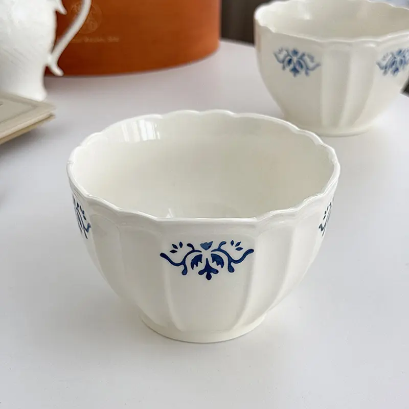French-style Simple Retro Lace Bowls Home Use Under Glazed Color Ramen Rice Bowl Exquisite Light Luxury Embossed Edge Soup Bowls