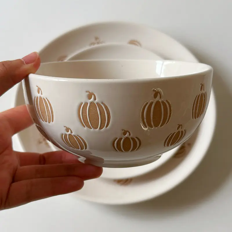 Creative Pumpkin Relief Ceramic Tableware Rice Soup Bowl Exquisite Snack Pastry Disc Household Round Breakfast Plates
